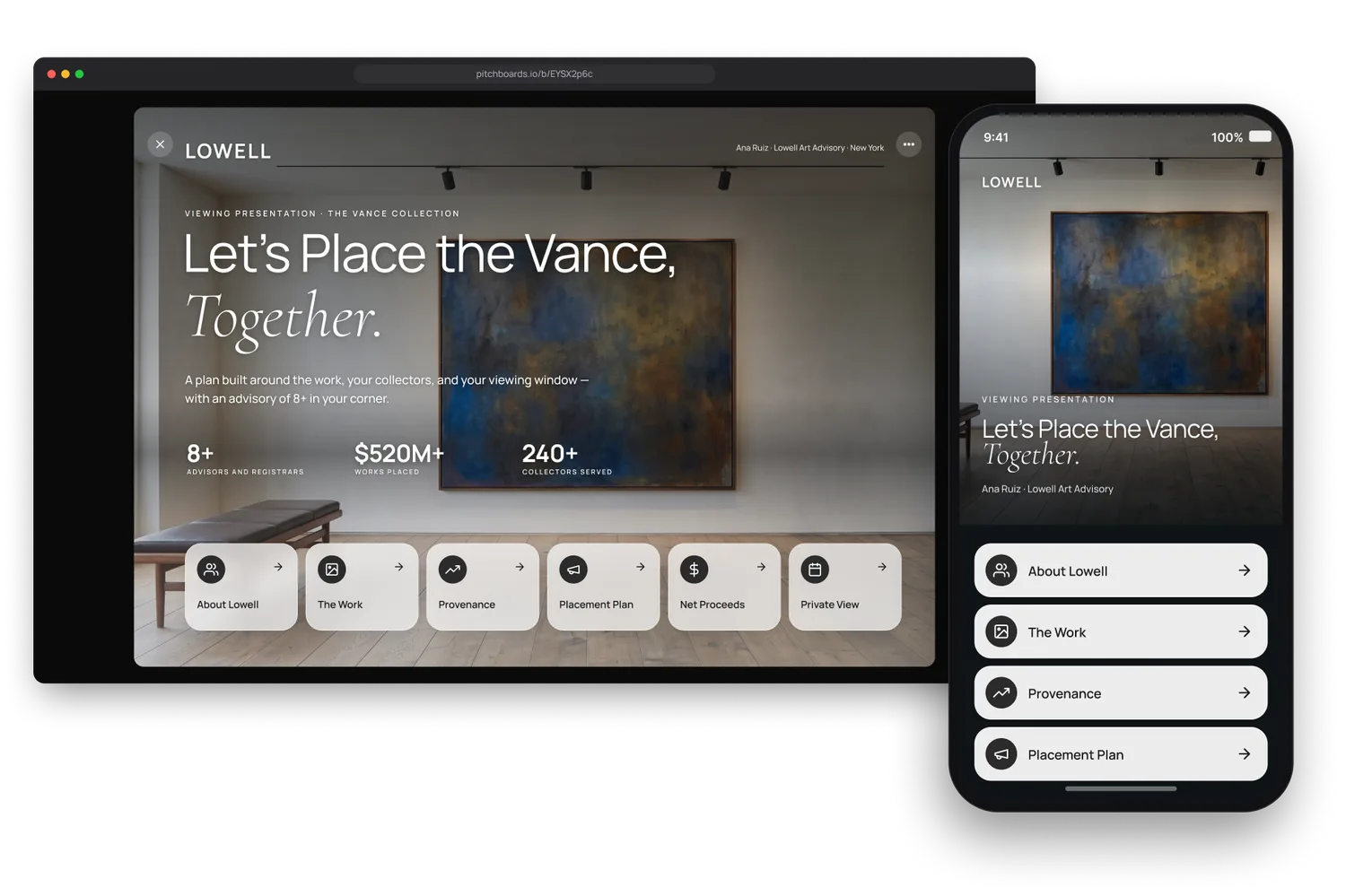 The same viewing presentation opened from a share link in a desktop browser, with the phone version standing in front of it — the board reflowed as a scrolling one-pager, the same headline over the same photograph.