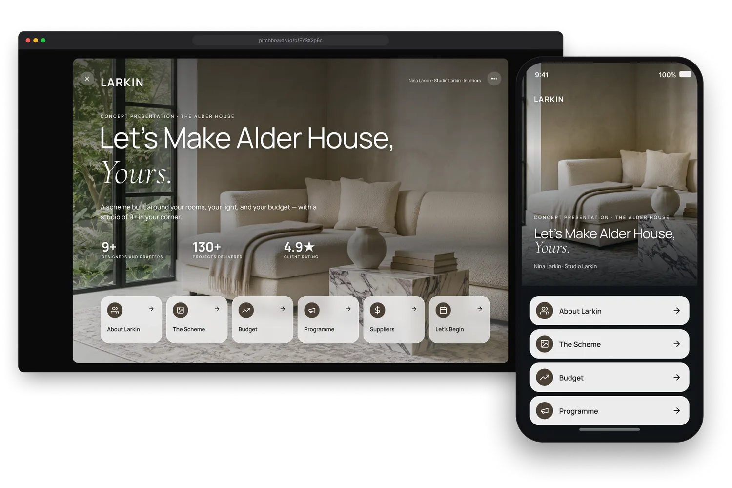The same concept presentation opened from a share link in a desktop browser, with the phone version standing in front of it — the board reflowed as a scrolling one-pager, the same headline over the same photograph.