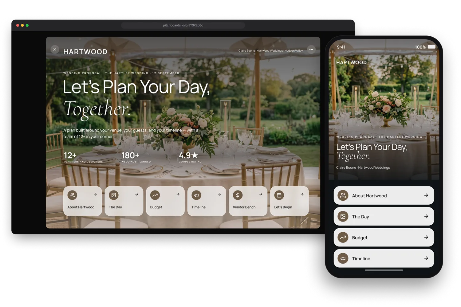The same wedding proposal opened from a share link in a desktop browser, with the phone version standing in front of it — the board reflowed as a scrolling one-pager, the same headline over the same photograph.