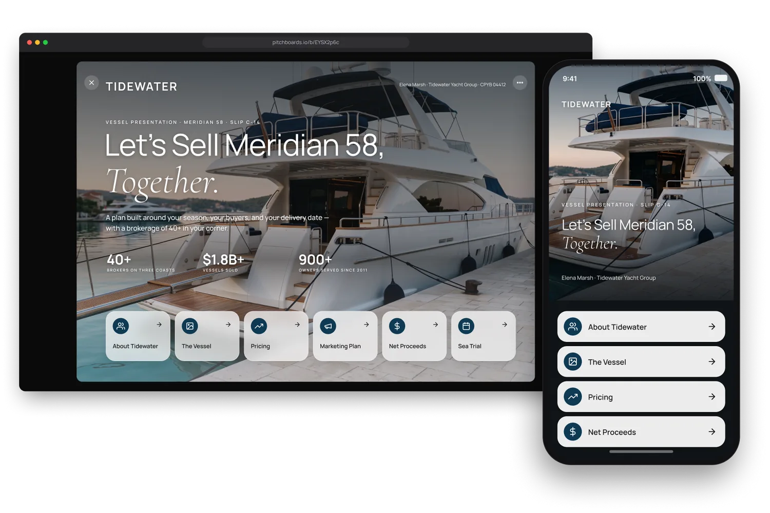 The same vessel presentation opened from a share link in a desktop browser, with the phone version standing in front of it — the board reflowed as a scrolling one-pager, the same headline over the same photograph.