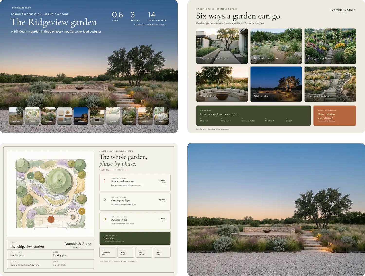 Three Bramble & Stone Landscape boards and a garden photograph in a grid — the Ridgeview garden design presentation, the garden styles gallery and the phased plan — sharing one wordmark, one palette and one typeface.