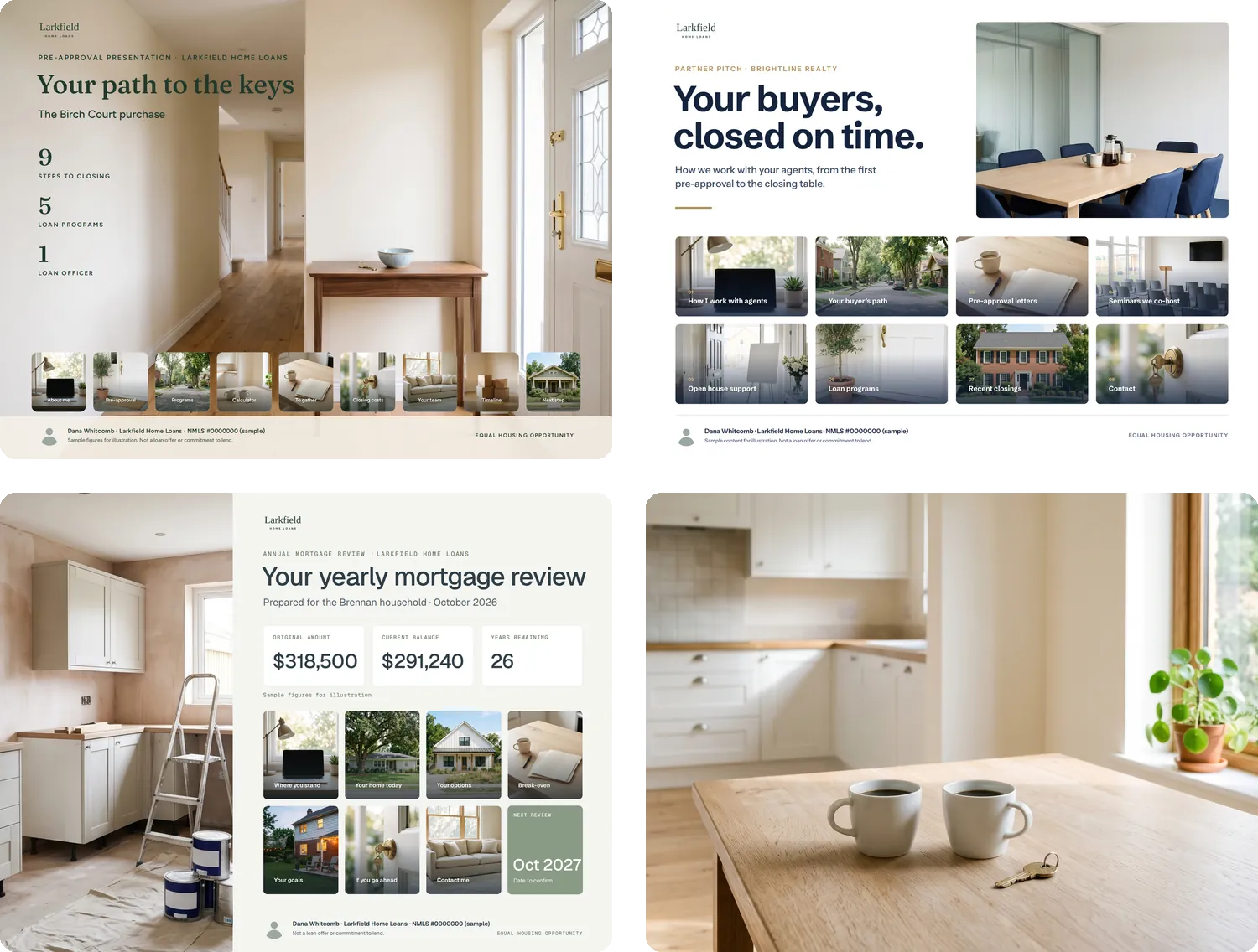 Three Larkfield Home Loans boards in a grid — the Birch Court pre-approval presentation, the agent partner pitch and the annual mortgage review — sharing one wordmark and one footer, beside a photograph of a sunlit kitchen table with two coffee cups and a house key.