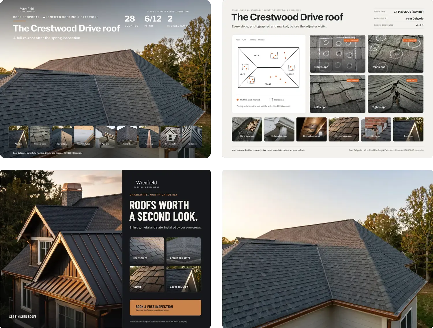 Wrenfield Roofing & Exteriors boards in a grid — the Crestwood Drive roof proposal, the storm claim walkthrough and the home show booth board — beside the roof photograph the proposal is built on, sharing one wordmark and one copper accent.